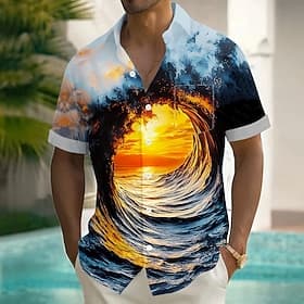 Men's Optical Illusion Ocean Sunset Shirt Summer Shirt Button Up Shirt Short Sleeve Fashion Casual Streetwear Vacation Holiday Summer Turndown 3D Print Front O