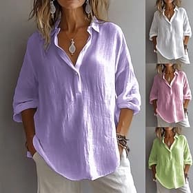 Women's Shirt 100% Cotton Button Up Cotton Shirt Patchwork Buttons Solid Color Daily Casual Long Sleeve Bishop Sleeve Shirt Collar Regular Tops Daily White Pin