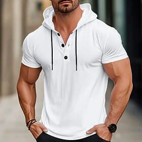 Herren T Shirt T-Shirt Kurze Ärmel Kapuzenpullover Mit Kapuze Sommer Ganzjahres Einfarbig Mode Designer Sportlich Kordelzug Basic Mit Kapuze Lässig Straße Ausg