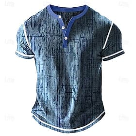 Men's Geometric Henley Shirt Waffle T Shirt Short Sleeve Daily Retro Vintage Classic Sports Outdoor Casual Holiday Summer Spring  Summer White Blue Green Purpl