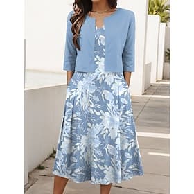 Ensemble de robes pour femmes en deux pièces robe midi avec veste élégante robe en A manches mi-longues robe de soirée semi-formelle imprimé graphique floral e thumbnail 2