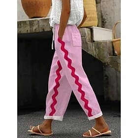 Women's Linen Like Chinos Vacation Vintage Ethnic Style Ankle-Length High Waist Graphic Lines / Waves Embroidered Pocket Printing Soft Outdoor Breathable Inela