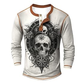 Men's Graphic Skull Cool Skulls Henley Shirt Tee Long Sleeve Vintage Fashion Designer Casual Daily Outdoor Fall Spring Fall Blue Green khaki Beige Henley Hen