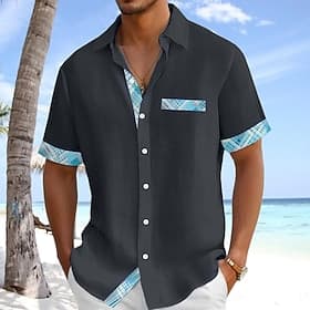 Men's Shirt Linen Shirt Summer Shirt Beach Wear Button Up Shirt Solid Color Casual Beach White Pink Navy Blue Light Blue Short Sleeve Collar Spring  Summer Sum thumbnail 2