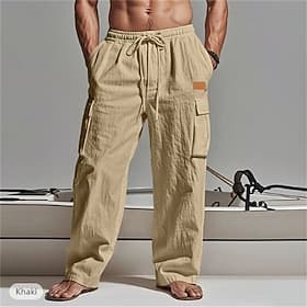 Men's Cargo Pants Linen Pants Trousers Summer Pants Elastic Waist Drawstring Multi Pocket Plain Comfort Breathable Full Length Casual Daily Holiday Vacation Fa