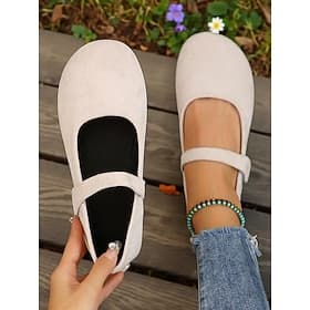 Women's Beige Wide Toe Mary Jane Flats – Soft Faux Suede Comfort Shoes for Casual Outings, Garden Strolls and Daily Wear