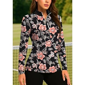 Women's Plants Floral Tropical Floral Botanical Tops Golf Polo Shirt Tennis Shirt Long Sleeve Print Quarter Zip Pullover UV Protection Elastic Breathable Tenni