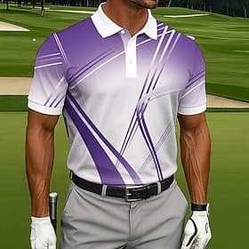 Men's Polo Casual Sports Turndown Short Sleeve Fashion Leisure Geometic Golf 3D Print Buttons Summer Violet Lake Blue Polo