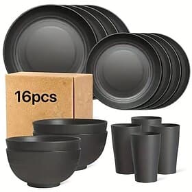 16pcs Unbreakable Dinnerware Set, Microwave  Dishwasher Safe Reusable Black Tableware, Includes 8 Plates, 4 Bowls, 4 Cups, Ideal for Camping and Everyday Use