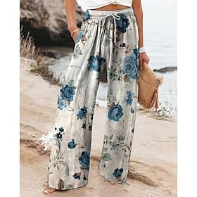 Women's Wide Leg Pants Trousers Palazzo Pants Fashion Boho Full Length High Waist Flower Drawstring Elastic Waist Print Breathability Comfortable Street Daily