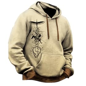 Men's Hoodie Khaki Light Grey Hooded Print Pocket Sports  Outdoor Daily Holiday Polyester Basic Casual Boho Spring Autumn / Fall Clothing Apparel Hoodies Sweat