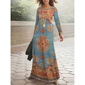 Women's Maxi Dress Vintage Bohemian A Line Dress Crew Neck Long Sleeve Casual Daily Regular Fit Graphic Paisley Abstract Yellow Blue Camel Spring Fall Winter A