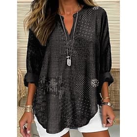 Women's Shirt Buttons Print Geometric Color Block Stylish Modern Long Sleeve V Neck Regular Tops Daily Holiday Blue Maroon Black Brown Summer