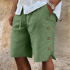 Men's Shorts Linen Shorts Summer Shorts Beach Shorts Elastic Waist Drawstring Buttons Plain Comfort Breathable Knee Length Outdoor Daily Beach Vacation Fashion