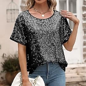 Women's Sequin Sparkly Party Glitter Sequins Sparkly Fashion Modern Short Sleeve Crew Neck Regular Tops Daily Weekend Silver Black Pink Green Beige Summer