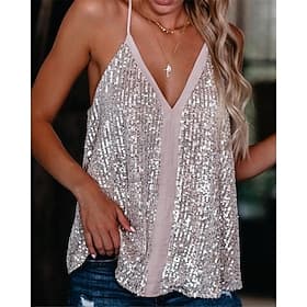 Women's Sequin Sparkly Party Glitter Sequins Sparkly Stylish Sleeveless Strap V Neck Regular Tops Holiday Black Pink Summer