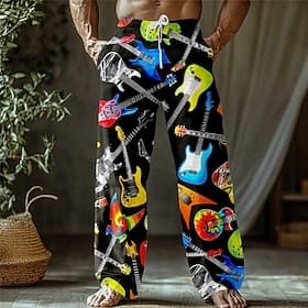 Men's Guitar Musical Instrument Trousers Casual Pants Baggy Pants Mid Waist Retro Vintage Outdoor Vacation Holiday Drawstring Side Pockets Elastic Waist Summer
