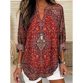 Women's Blouse Linen Like Breathable Lightweight Tunic V Neck Long Sleeve Boho Casual Graphic Paisley Vintage Tropical Regular Tops Daily Wear Print Red Blue G