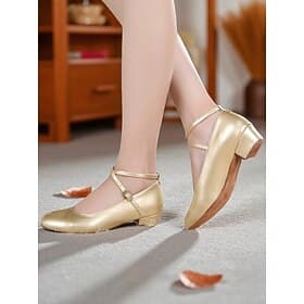 Women's Gold Low Heel Character Dance Shoes - Soft Sole Cross-Strap Professional Ballroom Practice Shoes for Latin and Jazz Performances