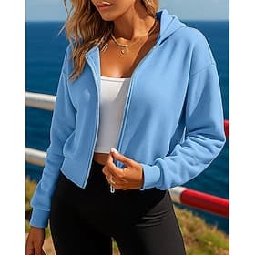 Women's Solid Colored Cardigan Hooded Sweatshirt Fall Full Zip Short Long Sleeve Athleisure Windproof Hiking Running Workout Athletic White Yellow Blue Sportsw