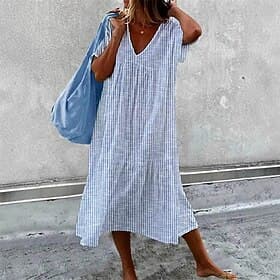 Women's Midi Dress Casual Dress Summer Dress Fashion Modern Daily Beach Weekend Regular Fit Striped Short Sleeve V Neck Blue Summer Spring Fall