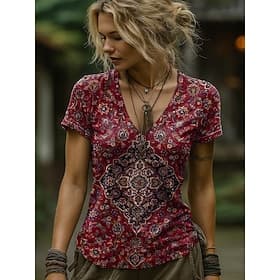 Women's Boho T Shirt Floral Graphic Paisley Bohemia Vintage Stylish Short Sleeve V Neck Regular Tops Daily Going out Weekend Print Black Red Blue Orange Gray S