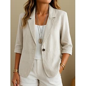 Women's Cotton Linen Blazer Comfortable Breathable Pocket Casual Plain Office Street Casual Daily Wear Single Breasted Turndown Regular Fit Long Sleeve Outerwe