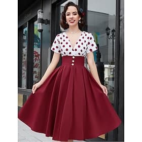 1950s Retro Vintage Rockabilly Midi Dress Swing Dress Flare Dress High Waist Polka dots Fit  Flare Swing Deep V Fancy Dress Women's Carnival New Year Tea Party