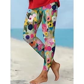 Women's Leggings Vacation Vintage Fashion Ankle-Length High Waist Floral Graphic Printing Soft Breathable Stretchy Daily Outdoor Vacation Robin's Egg Blue Red
