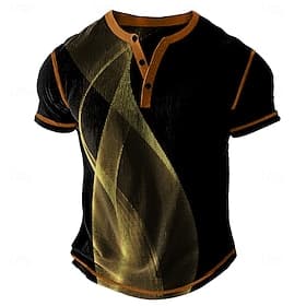 Men's Graphic Abstract Henley Shirt Waffle T Shirt Short Sleeve Daily Retro Vintage Classic Sports Outdoor Casual Holiday Spring  Summer All Seasons Blue Yello