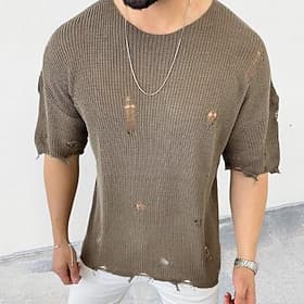 Men's Pullover Sweater Jumper Knit Sweater Ribbed Knit Regular Tops Knitted Hole Plain Crew Neck Fashion Basic Vacation Daily Wear Clothing Apparel Summer Blac