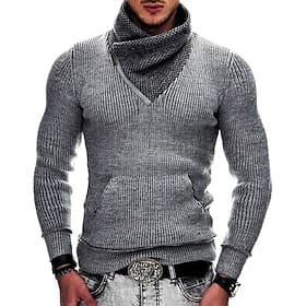 Men's Sweater Pullover Sweater Jumper Ribbed Knit Regular Tops Knitted Slim Fit Plain Shawl Knitwear Fashion Casual Daily Wear Clothing Apparel Winter Black Wh