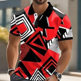 Men's Geometric Polo Short Sleeve Polo Shirts Collared Shirts Casual Outdoor Athleisure Daily Wear Pocket 3D Print Buttons Summer Blue Red Orange