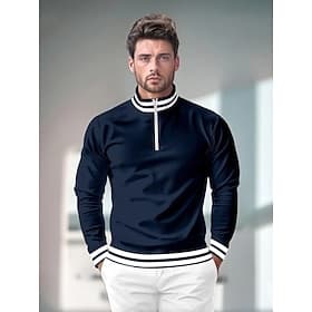 Men's Polo Shirt Navy Blue Long Sleeve Top Clothes Outfits Wear Apparel