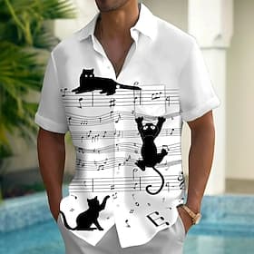 Men's Boardmasters Animal Cat Shirt Summer Shirt Button Up Shirt Short Sleeve Fashion Casual Outdoor Vacation Dailywear Summer Spring Turndown 3D Print Collare