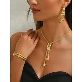 Women's Gold Mesh Jewelry Set - Modern Geometric Necklace, Bracelet and Dangle Earrings for Elegant Parties, Formal Events and Gift Giving
