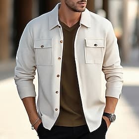 Men's Lightweight Jacket Waffle Jacket Shirt Jacket Casual Jacket Vacation Daily Breathable Pocket Spring Fall Plain Fashion Classic Lapel Regular Black White