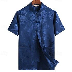 Men's Shirt Chinese Collar Shirt Mandarin Collar Shirt Summer Shirt Casual Shirt Beach Shirt White Yellow Red Blue Gray Short Sleeve Dragon Mandarin Collar Vac