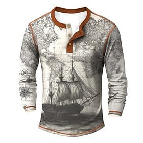 Men's Graphic Vintage Sailboat Henley Shirt Tee Long Sleeve Vintage Fashion Designer Casual Daily Outdoor Spring   Fall All Seasons Blue Green khaki Grey Henle