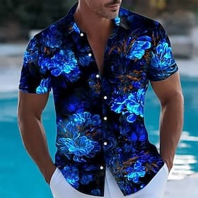 Men's Floral Print Neon Glow Flowers Summer Hawaiian Shirt Button Up Shirt Aloha Shirt Short Sleeve Hawaiian Vacation Beach Wear Summer Spring Turndown 3D Prin thumbnail 2