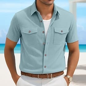 Men's Shirt Summer Shirt Casual Shirt Corduroy Shirt Button Up Shirt Cargo Shirt Black White Navy Blue Sky Blue khaki Short Sleeve Stripes Lapel Casual Daily F