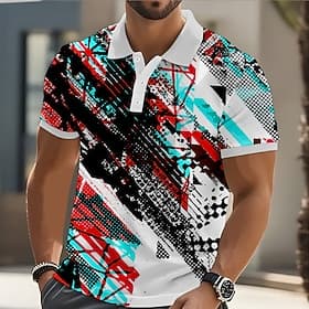 Men's Geometric Color Block Polo Short Sleeve Polo Shirts Collared Shirts Casual Athleisure Daily Wear Streetwear 3D Print Buttons Summer Rainbow
