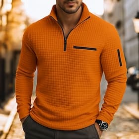 Men's Waffle Polo Shirts Textured Casual Quarter Zip Long Sleeve Fashion Comfortable Color Block Zip Up Pocket Fall Spring   Fall Regular Fit White Black Blue