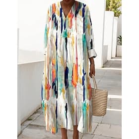 Women's Midi Dress V Neck Long Sleeve Kaftan Lightweight Loose Fit A Line Dress Casual Daily Graphic Geometric Long Sleeve V Neck Navy Yellow Green Beige Fall