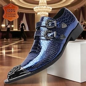 Men's Blue Crocodile-Patterned Monk Strap Shoes - Premium Cowhide Double Buckle Monk Shoes for Men - Perfect for Fashion-Forward Formal Events and Special Occa