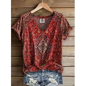 Femmes T-shirt Imprimé Fleuri Graphique Paisley Bohème ancien Élégant Manche Courte Col en V Hauts Réguliers Quotidien Sortir Week-end Rouge Marron clair Vert