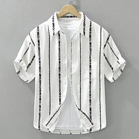 Men's Linen Shirt Summer Shirt Beach Wear Button Up Shirt Striped Vacation Casual Black White Short Sleeve Turndown Summer Spring Clothing Apparel