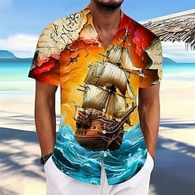 Men's Ocean Nautical Sailboat Shirt Summer Shirt Button Up Shirt Short Sleeve Vintage Retro Holiday Streetwear Summer Spring Turndown 3D Print Collared Shirts
