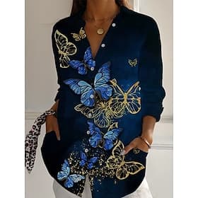 Women's Shirt Buttons Print Floral Butterfly Active Daily Stylish Long Sleeve Shirt Collar Regular Tops Daily Holiday Black White Pink Purple Green Spring Fall