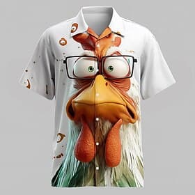 Herre Dyr Tegneserie Hane Skjorte Kubansk skjorte Skjorte med knapper Kortermet Morsom Feriereise Ferie Gateklær Sommer Camp Collar skjorte 3D-utskrift Hvit 1